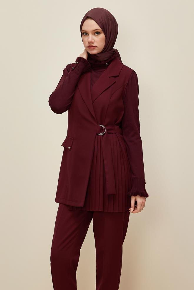 Vêtements hijab ROUGE BORDEAUX ENSEMBLE PANTALON CEINTURÉ 46042 - ALVİNA