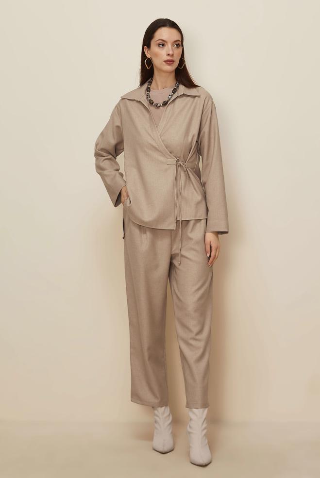 Hijab clothing BEIGE TIE DETAILED PANTSUIT 46045 - ALVİNA