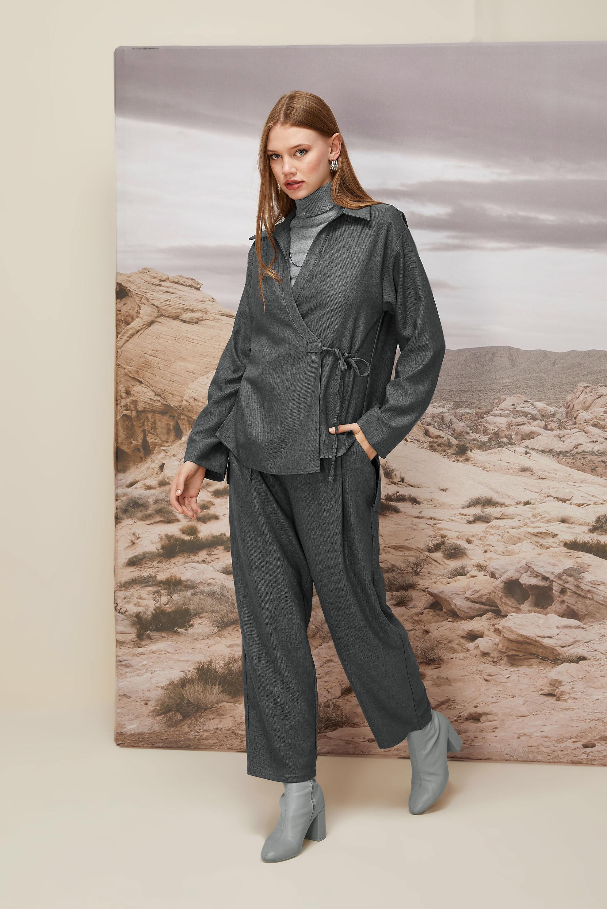 Hijab clothing GREY TIE DETAILED PANTSUIT 46045