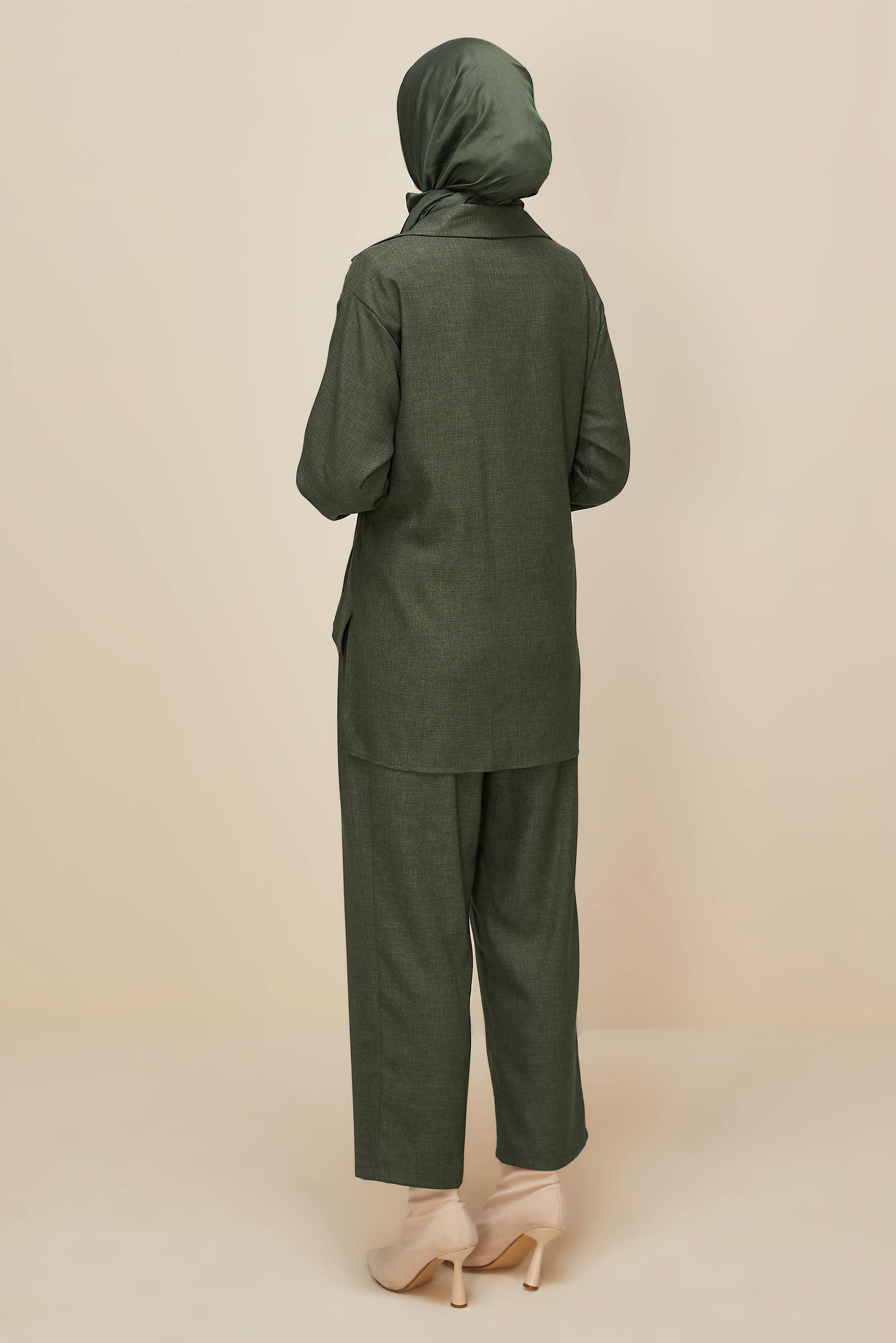 Tesettür giyim HAKİ BAĞLAMA DETAYLI PANTOLONLU TAKIM 46045