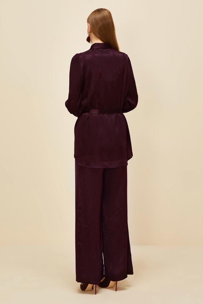 Vêtements hijab ROUGE BORDEAUX COSTUME PANTALON EN SATIN 46075 - ALVİNA