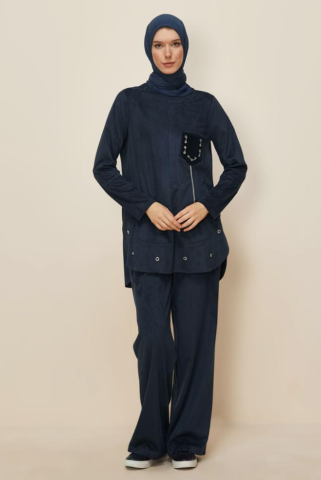 Hijab clothing NAVY BLUE SUEDE PANTSUIT 46119 - ALVİNA
