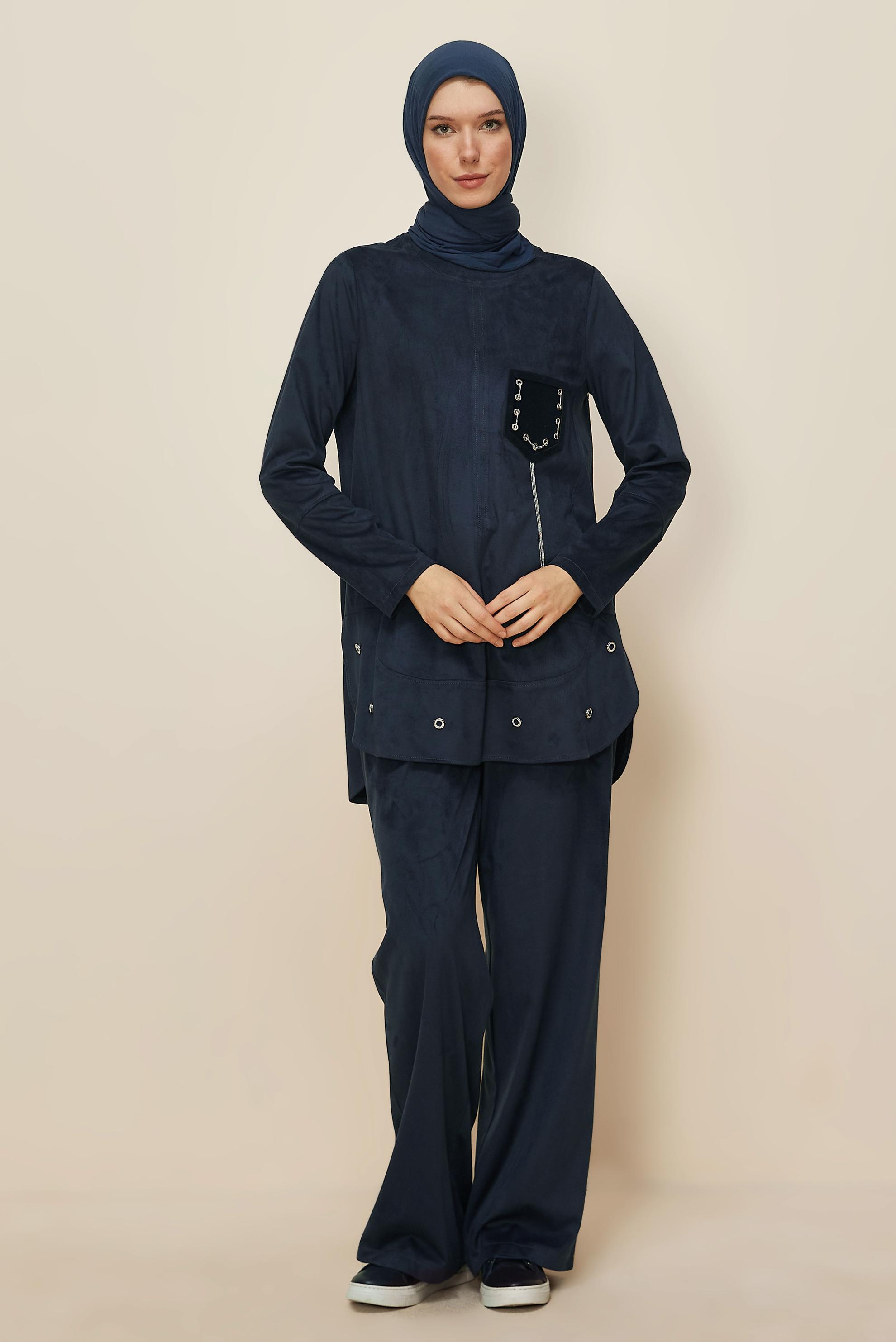Hijab clothing NAVY BLUE SUEDE PANTSUIT 46119