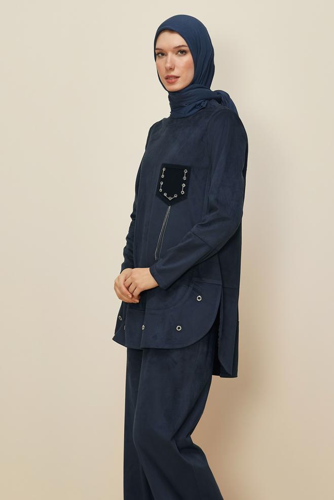 Hijab clothing NAVY BLUE SUEDE PANTSUIT 46119 - ALVİNA