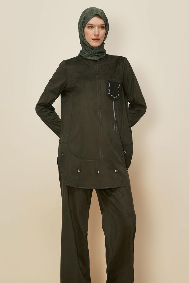 Tesettür giyim HAKİ PANTOLONLU SÜET TAKIM 46119 - ALVİNA