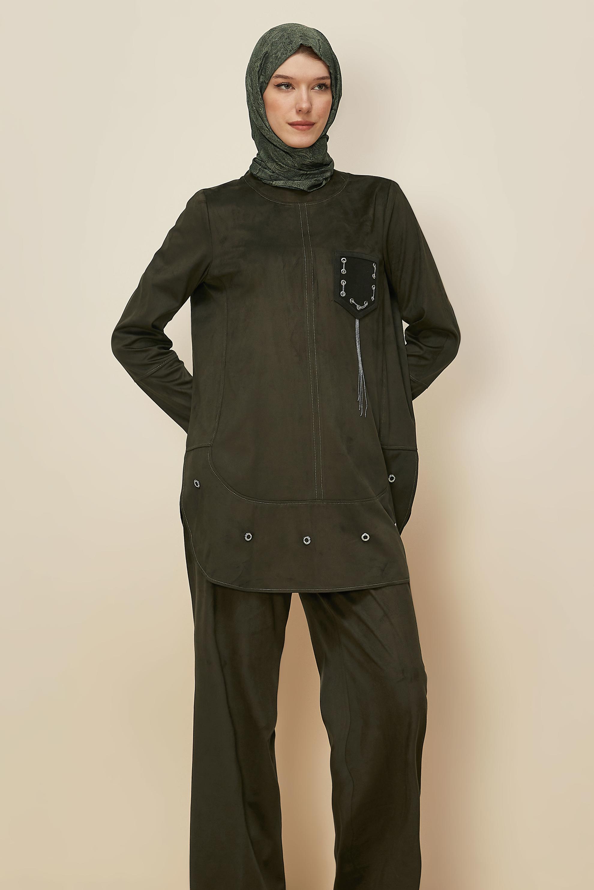 Tesettür giyim HAKİ PANTOLONLU SÜET TAKIM 46119