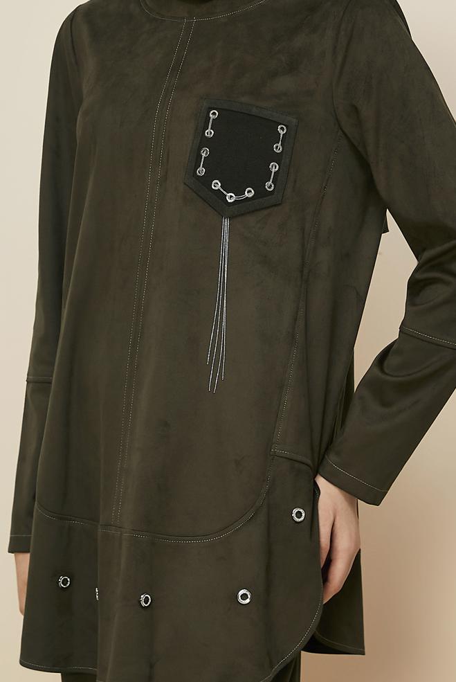 Tesettür giyim HAKİ PANTOLONLU SÜET TAKIM 46119 - ALVİNA