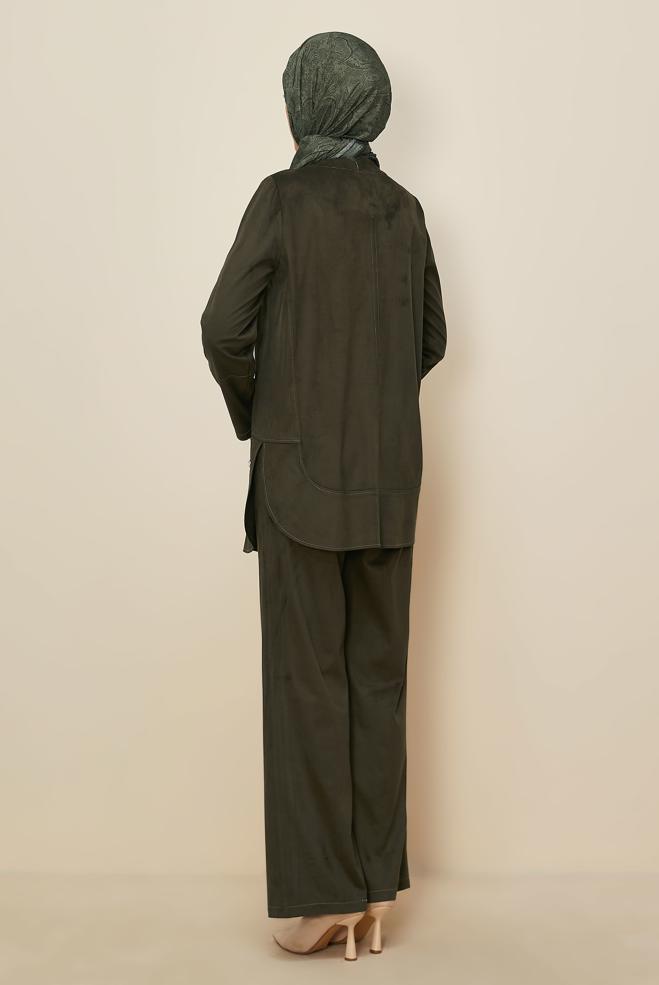 Tesettür giyim HAKİ PANTOLONLU SÜET TAKIM 46119 - ALVİNA