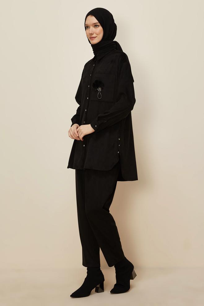 Tesettür giyim SİYAH PANTOLONLU SÜET TAKIM 46130 - ALVİNA