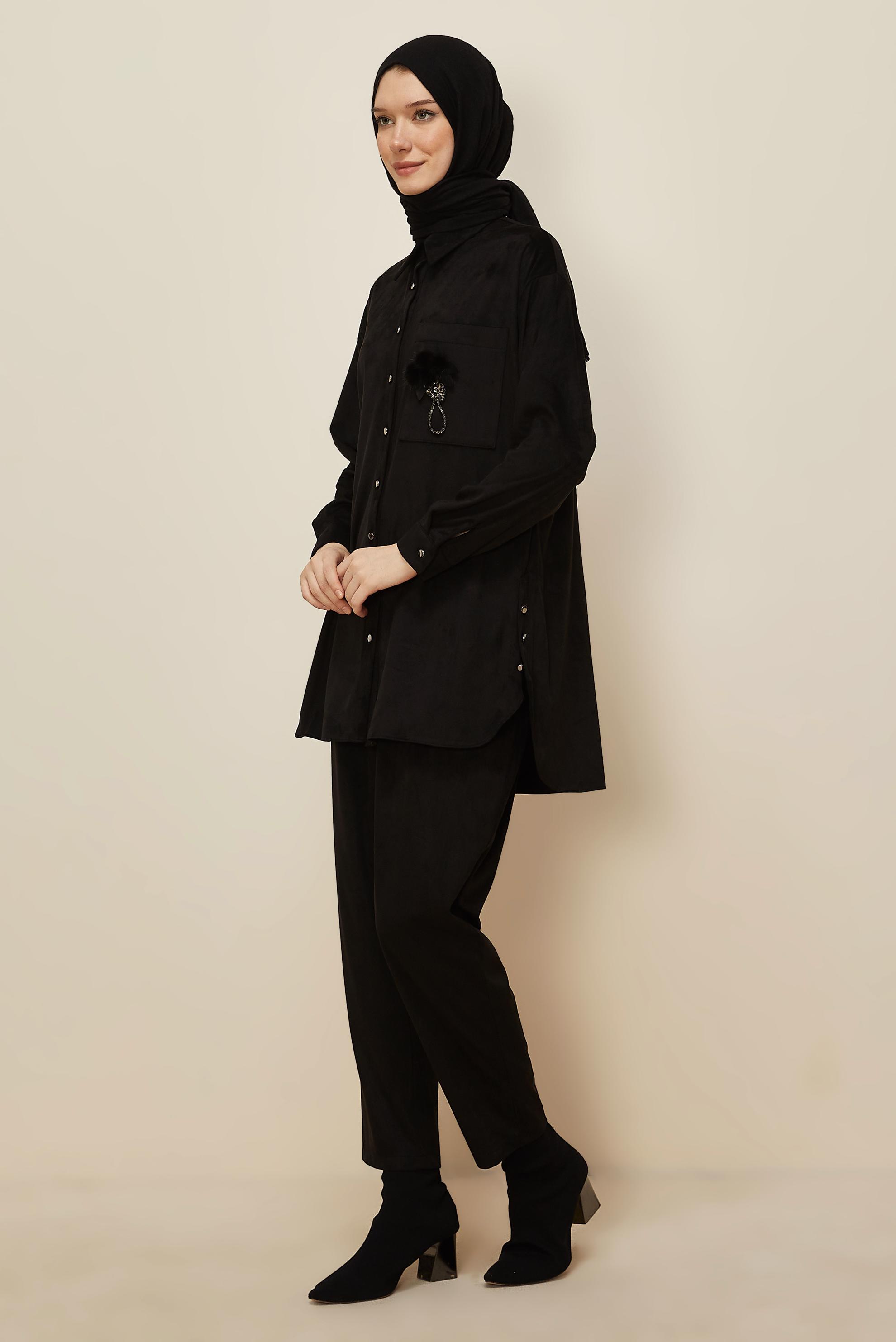 Tesettür giyim SİYAH PANTOLONLU SÜET TAKIM 46130