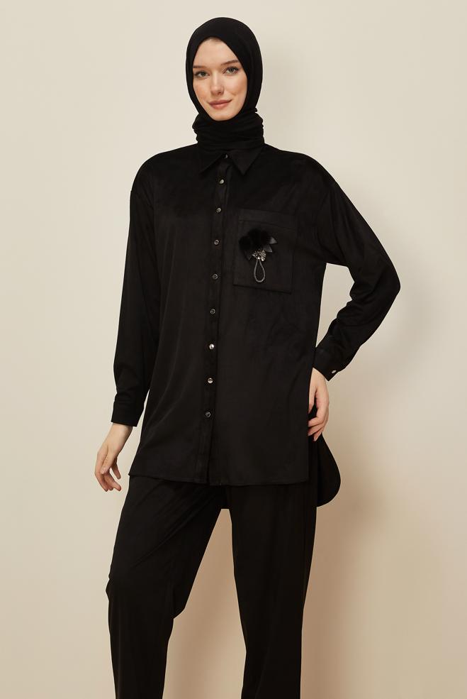 Tesettür giyim SİYAH PANTOLONLU SÜET TAKIM 46130 - ALVİNA