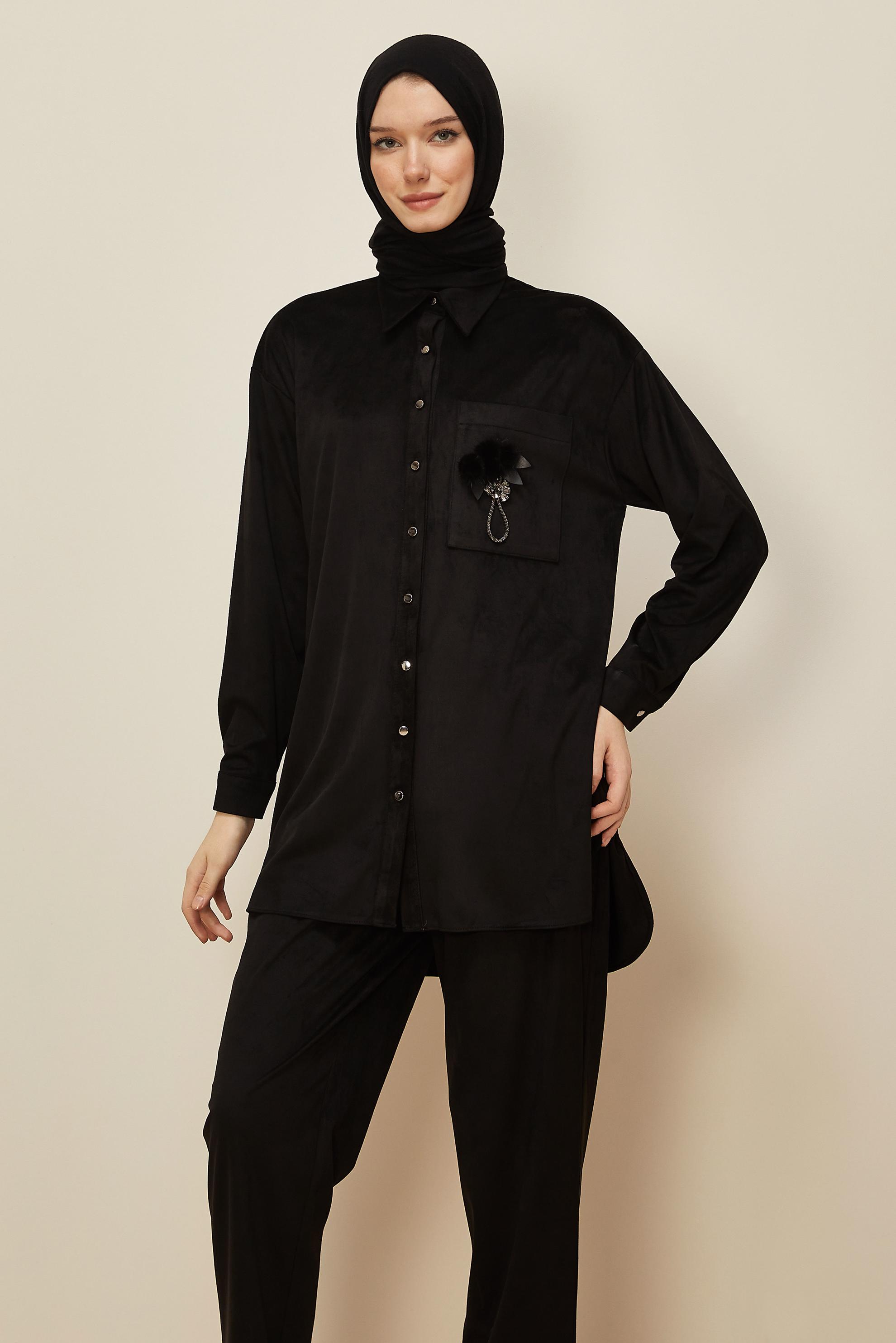 Tesettür giyim SİYAH PANTOLONLU SÜET TAKIM 46130