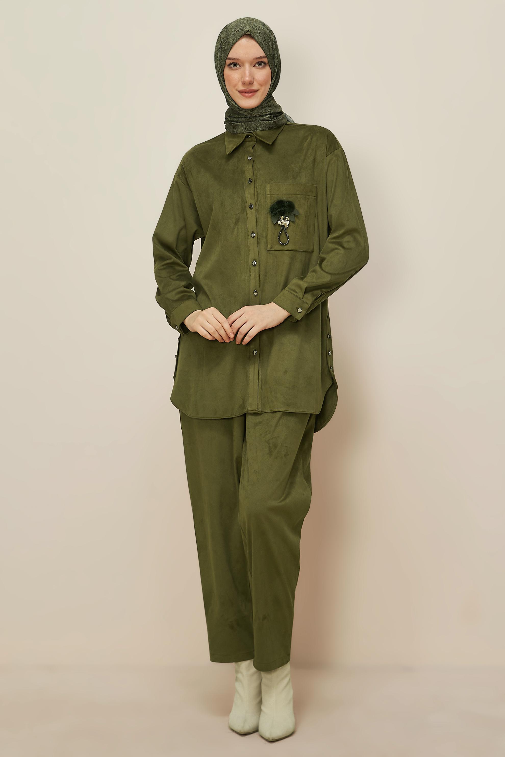 Tesettür giyim HAKİ PANTOLONLU SÜET TAKIM 46130