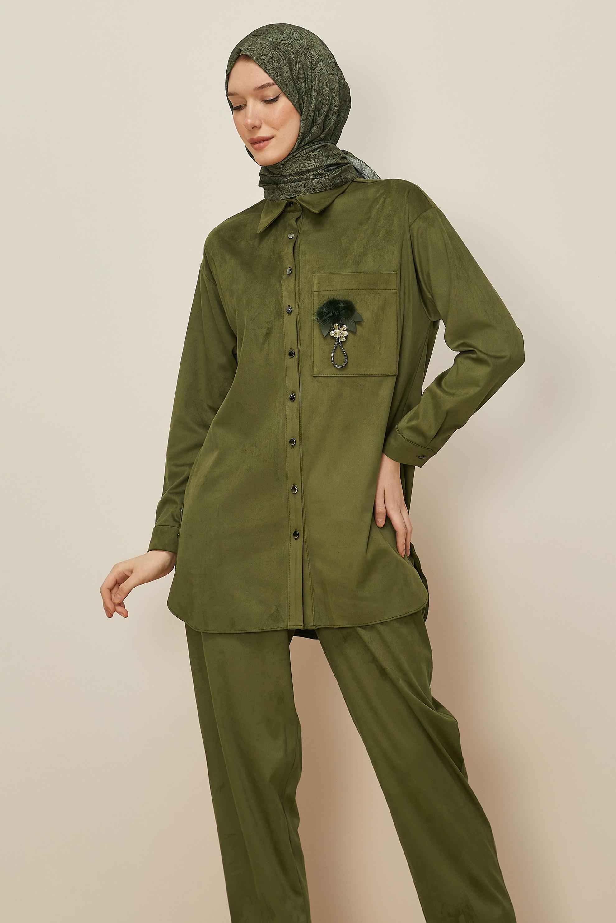 Tesettür giyim HAKİ PANTOLONLU SÜET TAKIM 46130