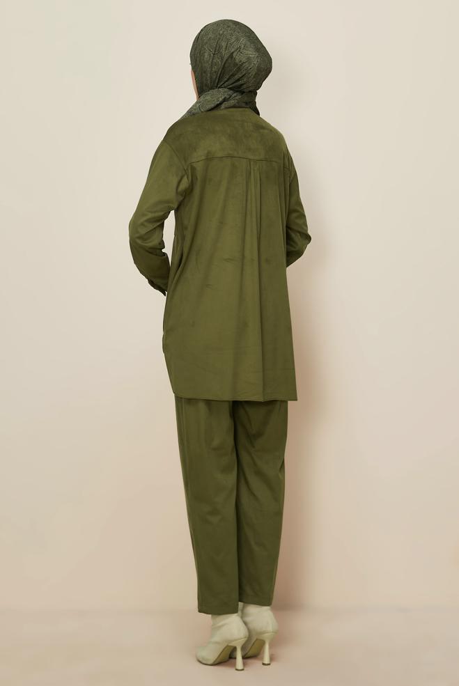 Tesettür giyim HAKİ PANTOLONLU SÜET TAKIM 46130 - ALVİNA