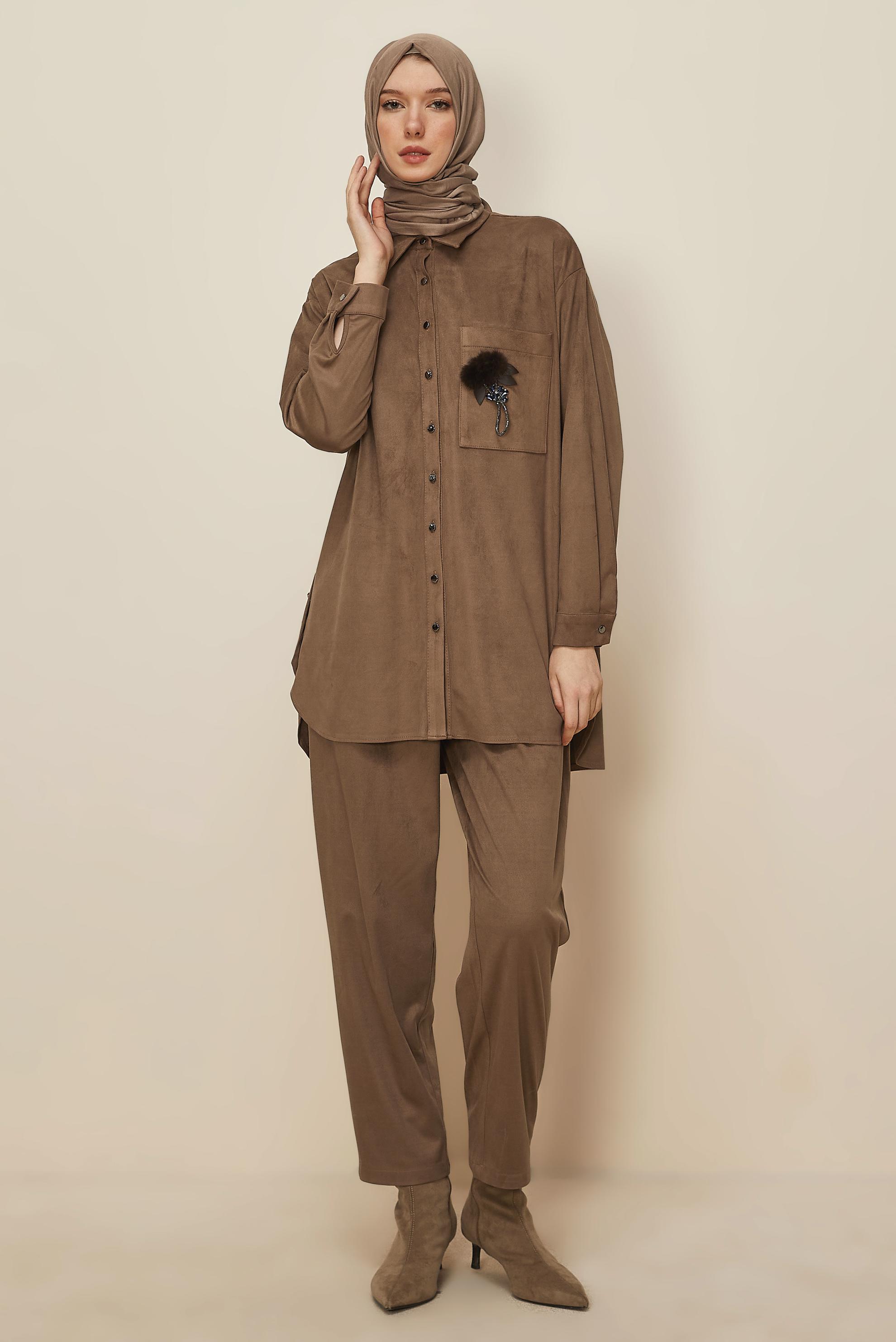 Tesettür giyim VİZON PANTOLONLU SÜET TAKIM 46130