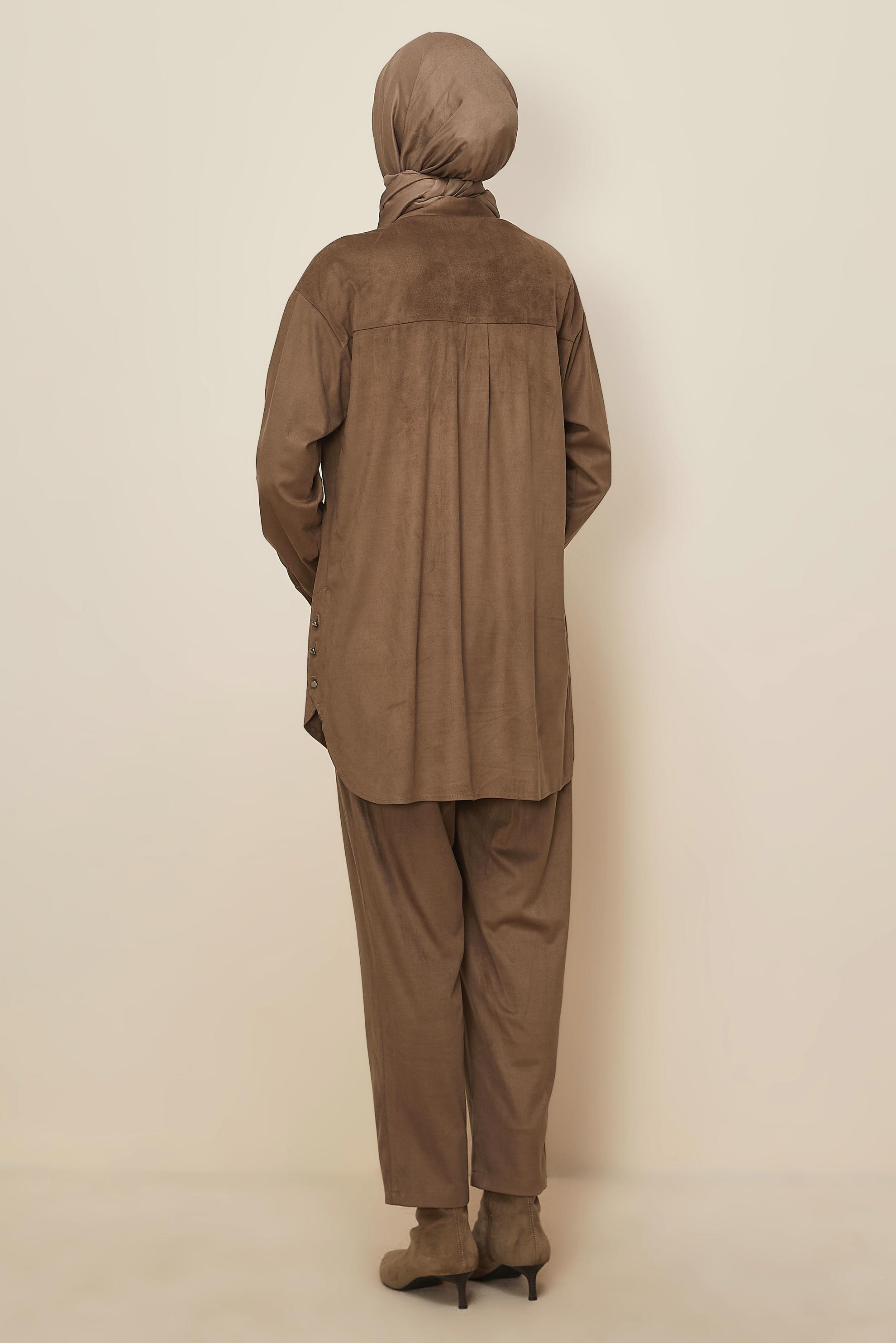 Tesettür giyim VİZON PANTOLONLU SÜET TAKIM 46130