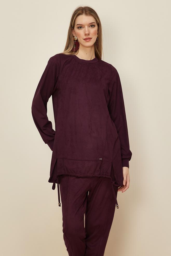 Tesettür giyim BORDO PANTOLONLU SÜET TAKIM 46134 - ALVİNA