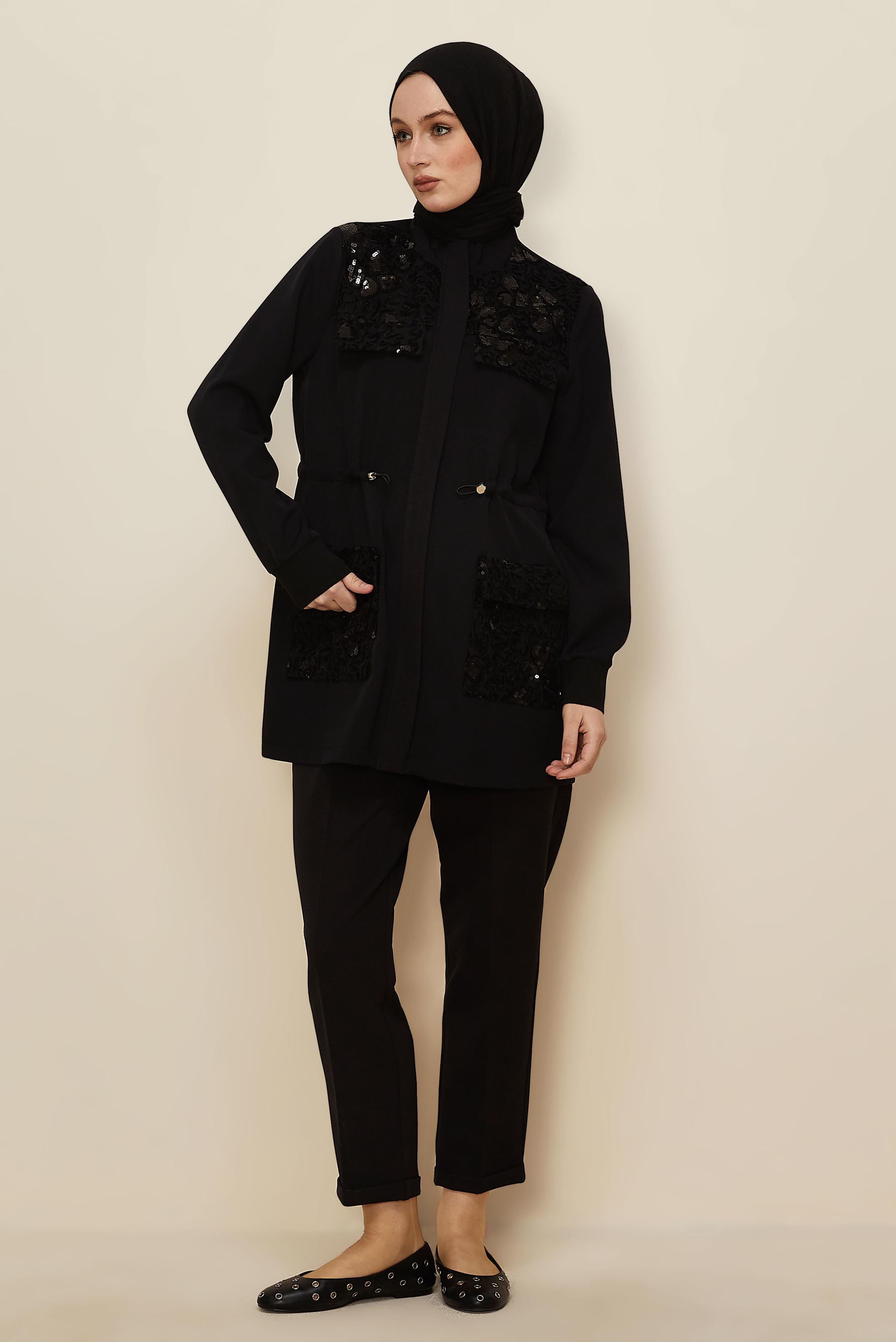 Tesettür giyim SİYAH PANTOLONLU PUL İŞLEMELİ TAKIM 46165