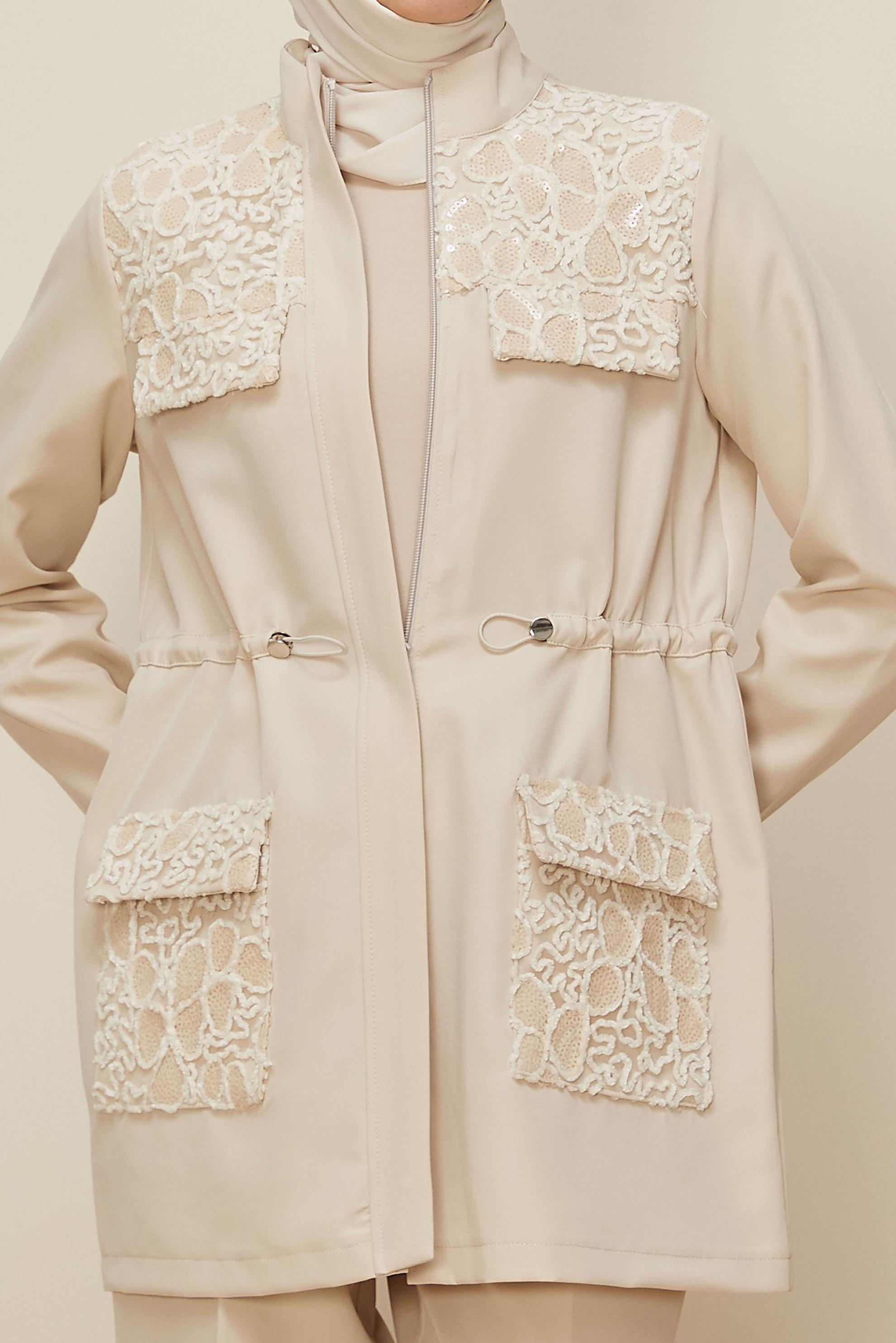 Tesettür giyim BEJ PANTOLONLU PUL İŞLEMELİ TAKIM 46165