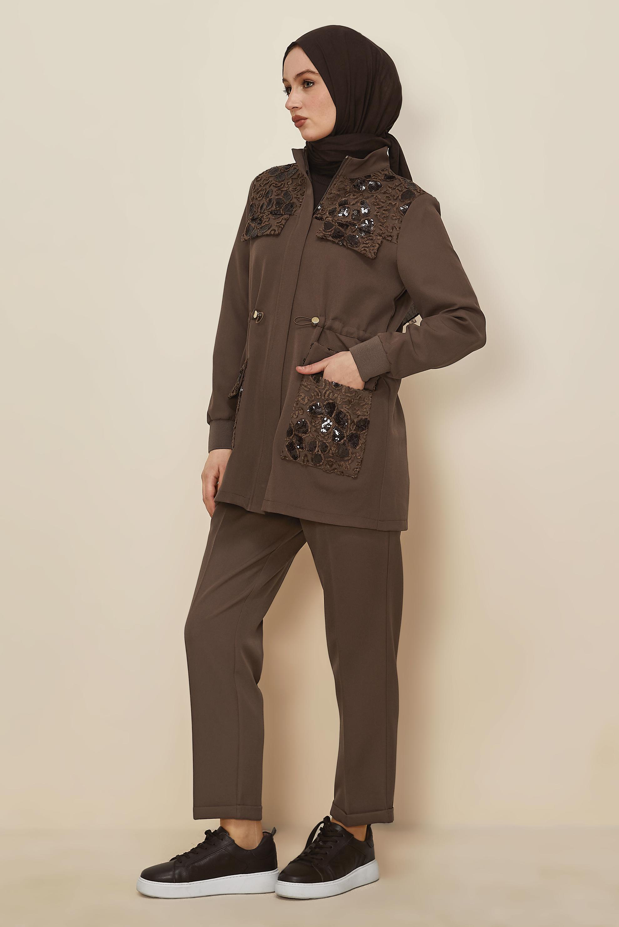 Tesettür giyim VİZON PANTOLONLU PUL İŞLEMELİ TAKIM 46165