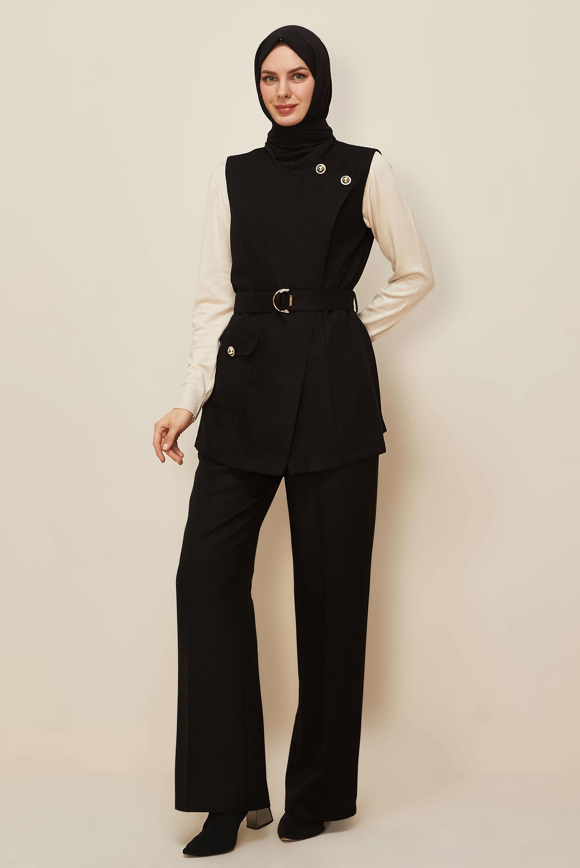 Tesettür giyim SİYAH PANTOLONLU KEMERLİ TAKIM 46185