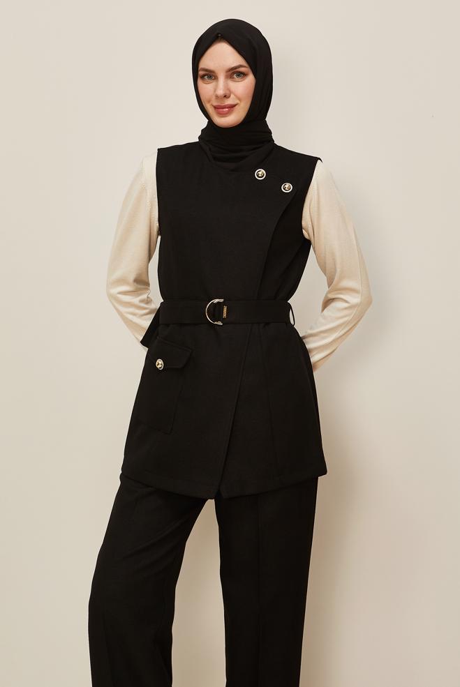 Tesettür giyim SİYAH PANTOLONLU KEMERLİ TAKIM 46185 - ALVİNA