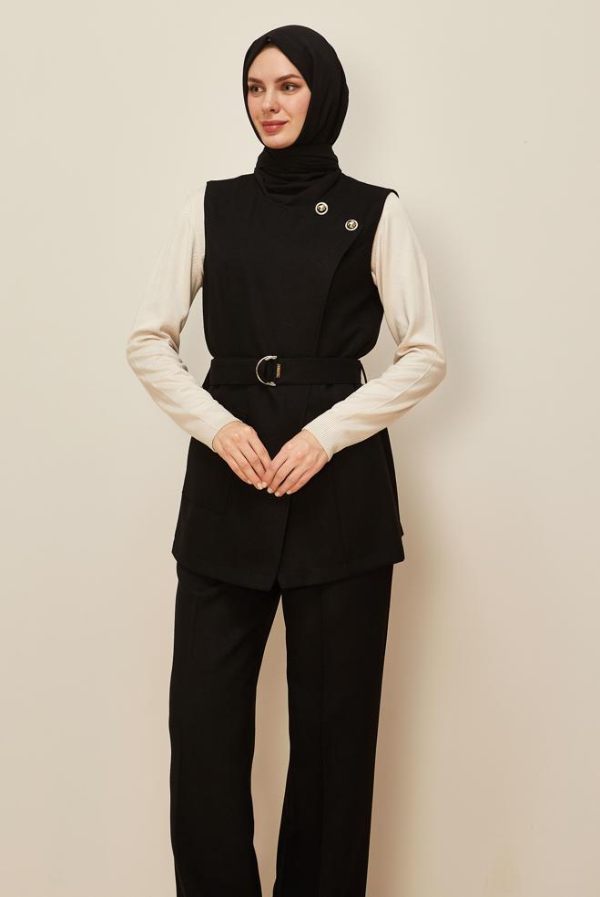 Tesettür giyim SİYAH PANTOLONLU KEMERLİ TAKIM 46185 - ALVİNA
