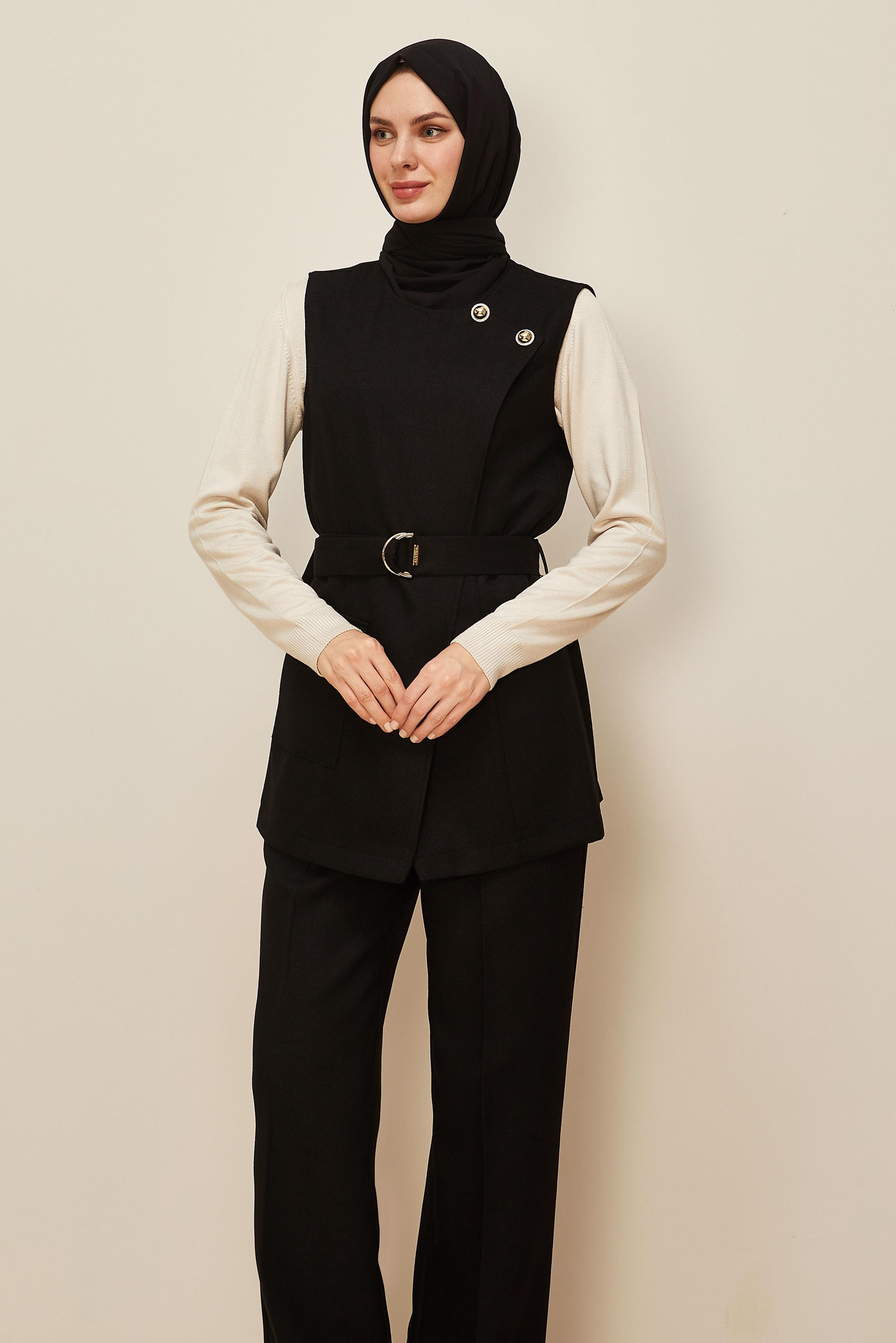 Tesettür giyim SİYAH PANTOLONLU KEMERLİ TAKIM 46185