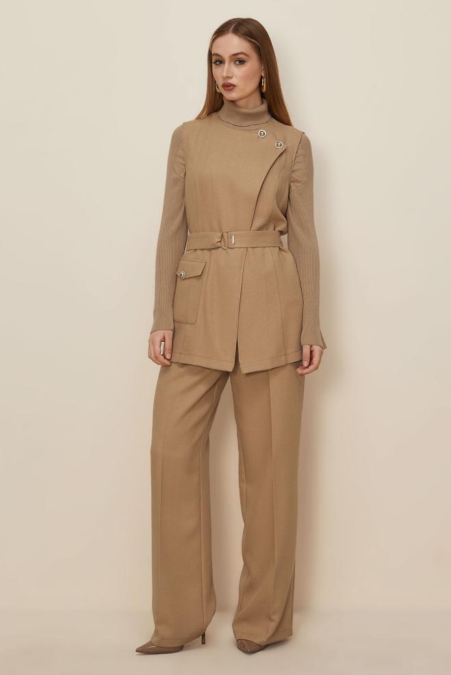Tesettür giyim KAHVE PANTOLONLU KEMERLİ TAKIM 46185 - ALVİNA