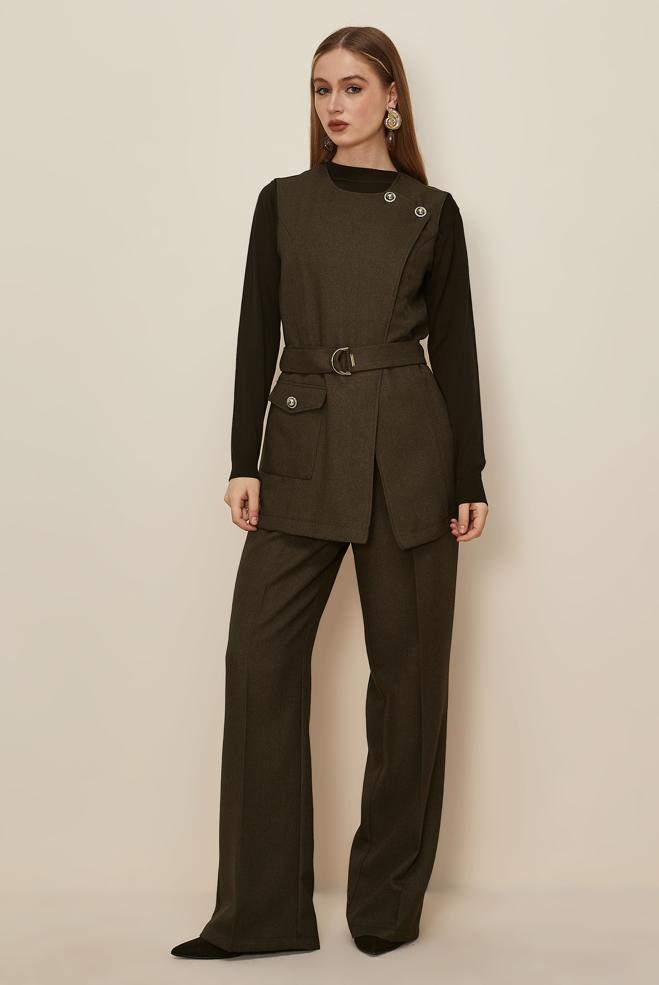 Tesettür giyim KAHVE PANTOLONLU KEMERLİ TAKIM 46185 - ALVİNA