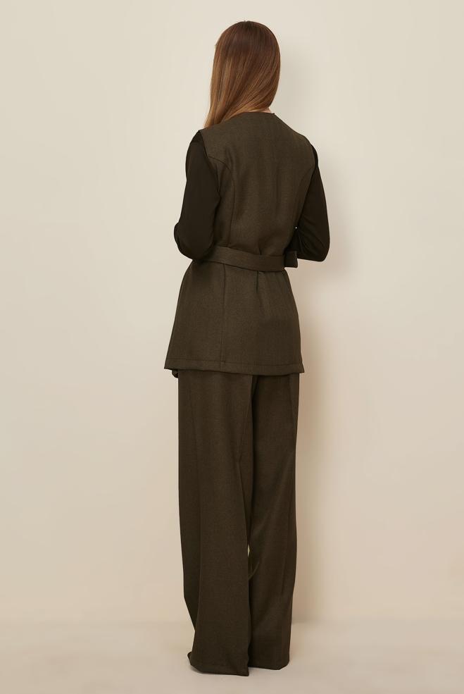 Tesettür giyim KAHVE PANTOLONLU KEMERLİ TAKIM 46185 - ALVİNA