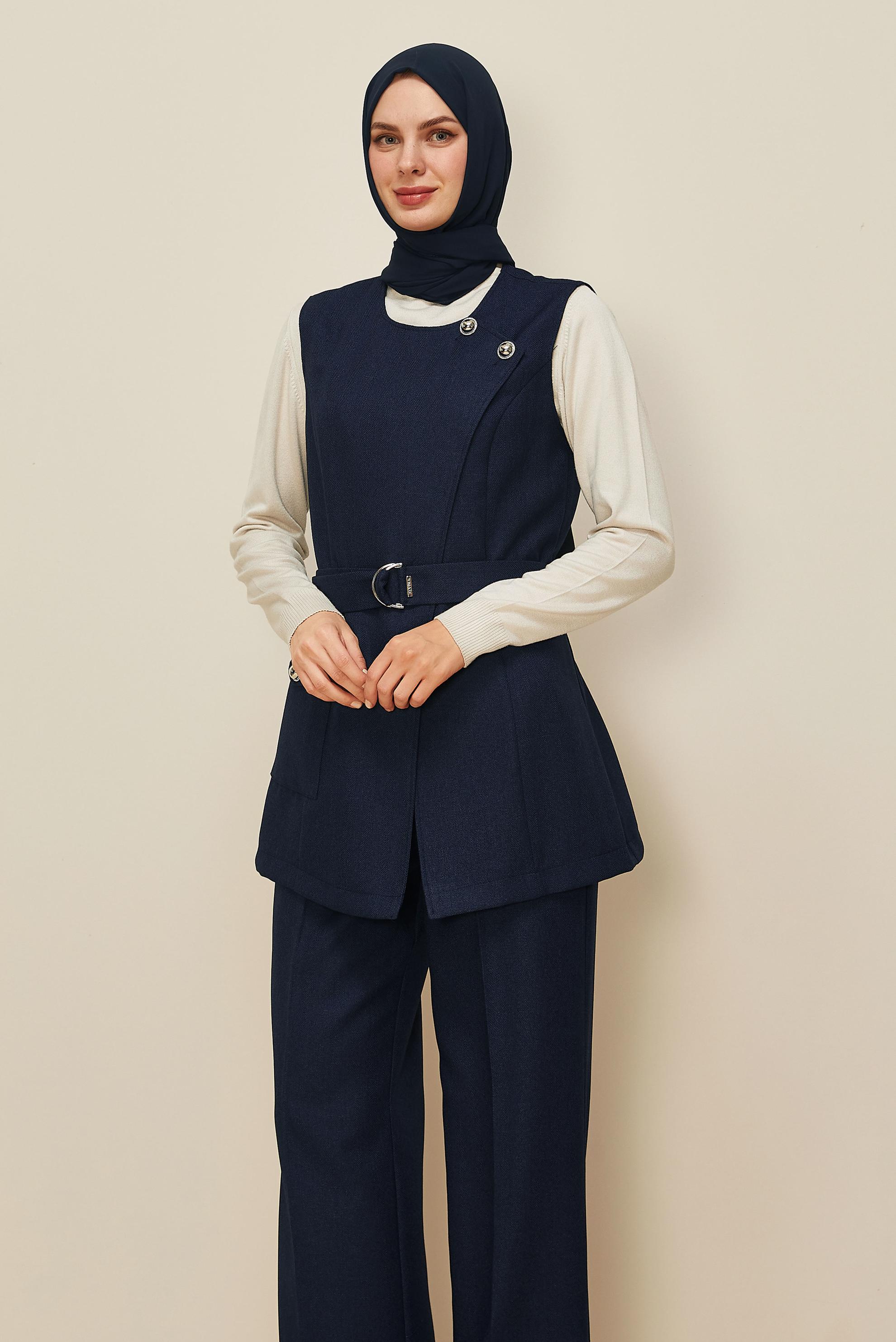 Tesettür giyim LACİVERT PANTOLONLU KEMERLİ TAKIM 46185