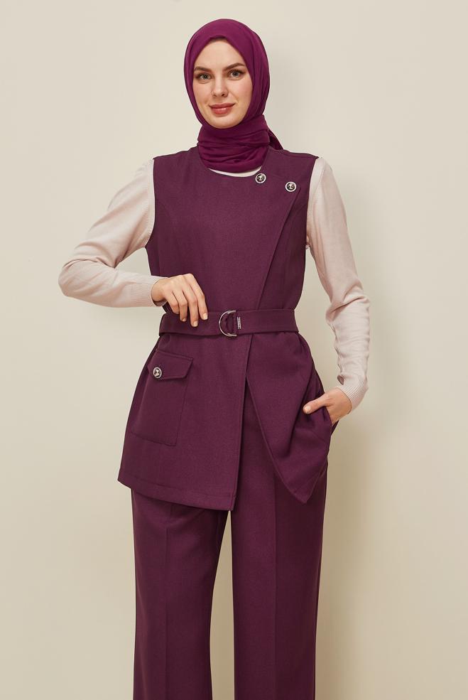 Tesettür giyim MÜRDÜM PANTOLONLU KEMERLİ TAKIM 46185 - ALVİNA