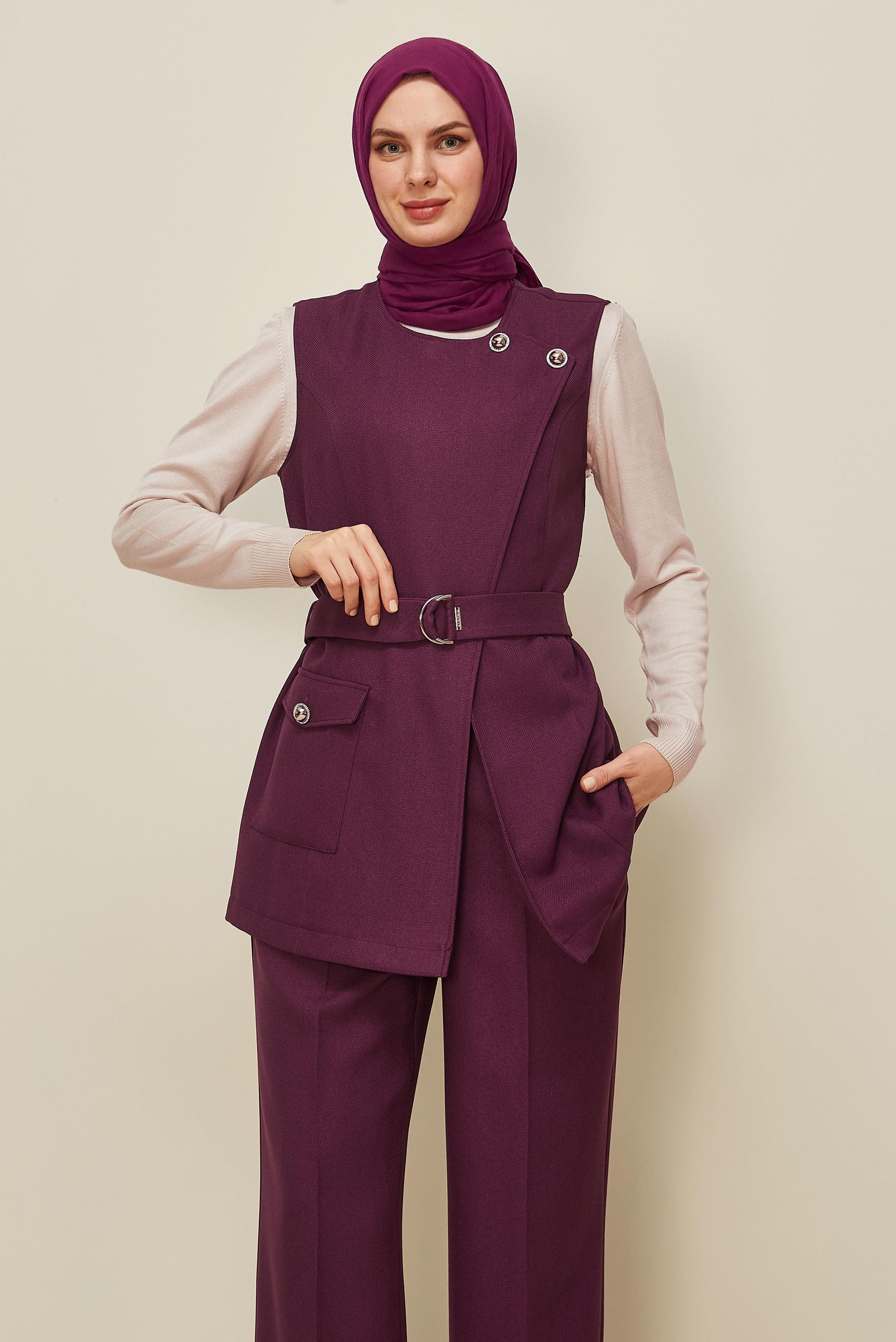 Tesettür giyim MÜRDÜM PANTOLONLU KEMERLİ TAKIM 46185