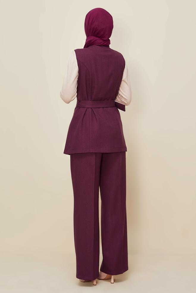 Tesettür giyim MÜRDÜM PANTOLONLU KEMERLİ TAKIM 46185 - ALVİNA