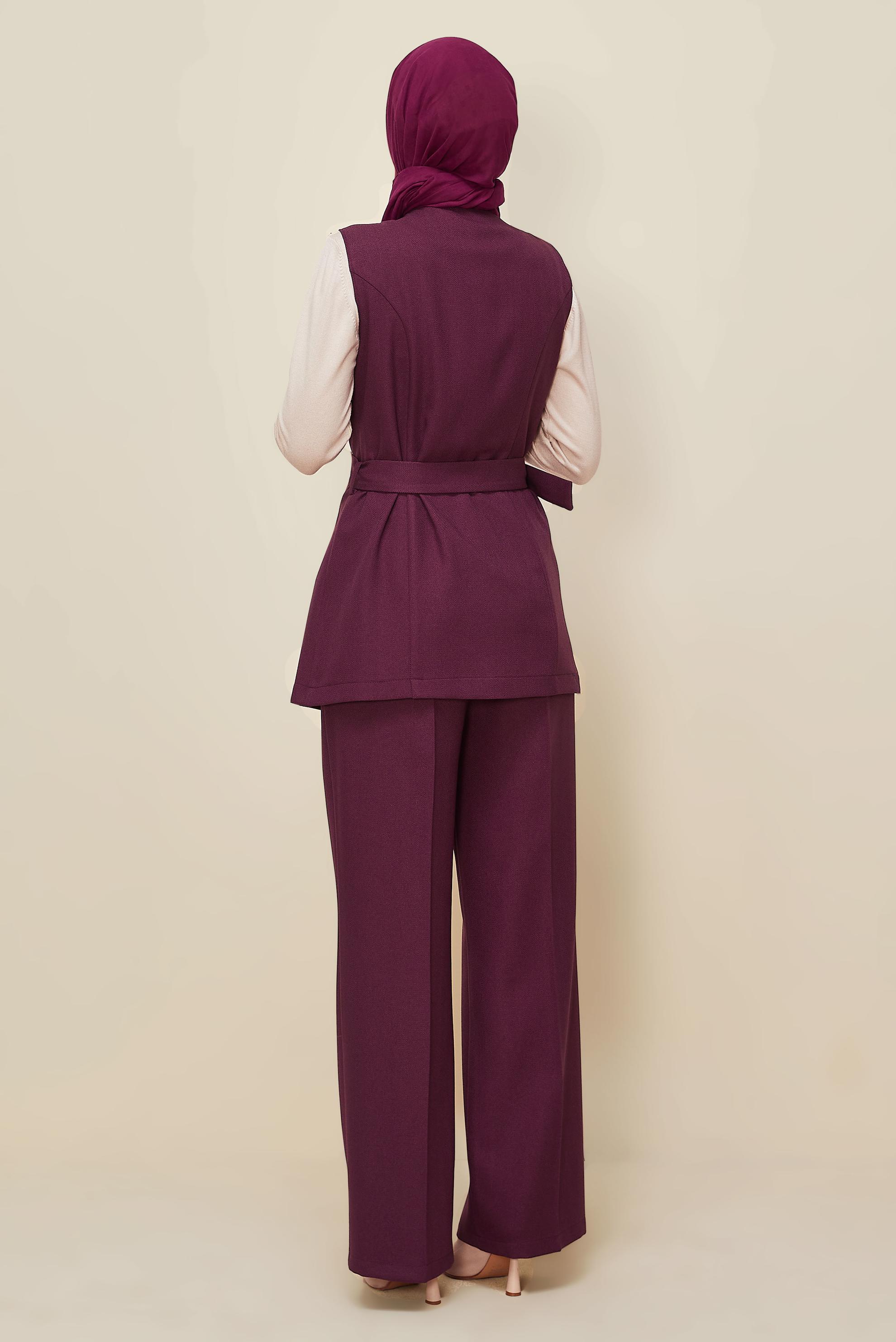 Tesettür giyim MÜRDÜM PANTOLONLU KEMERLİ TAKIM 46185
