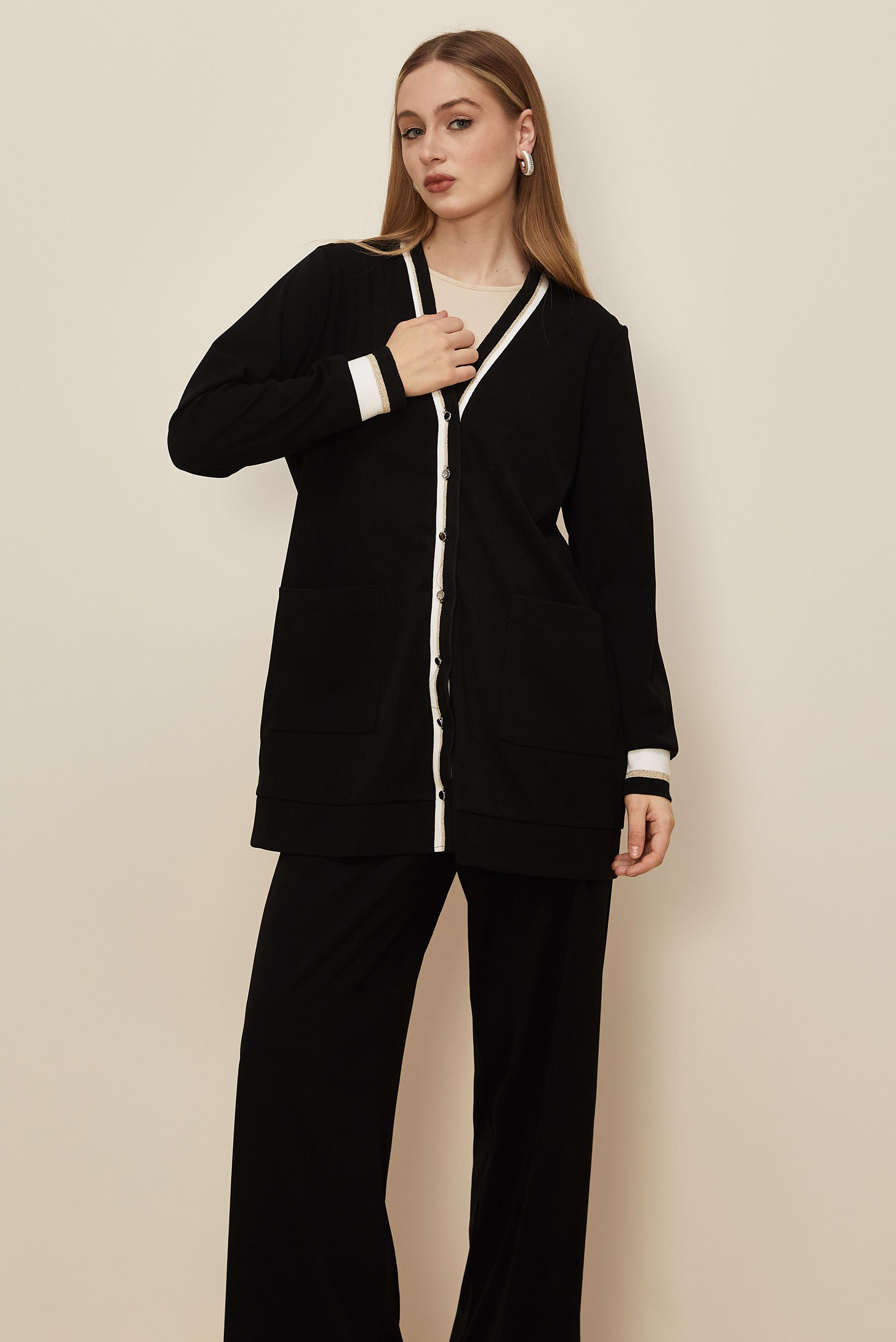 Tesettür giyim SİYAH PANTOLONLU V YAKA TAKIM 46186