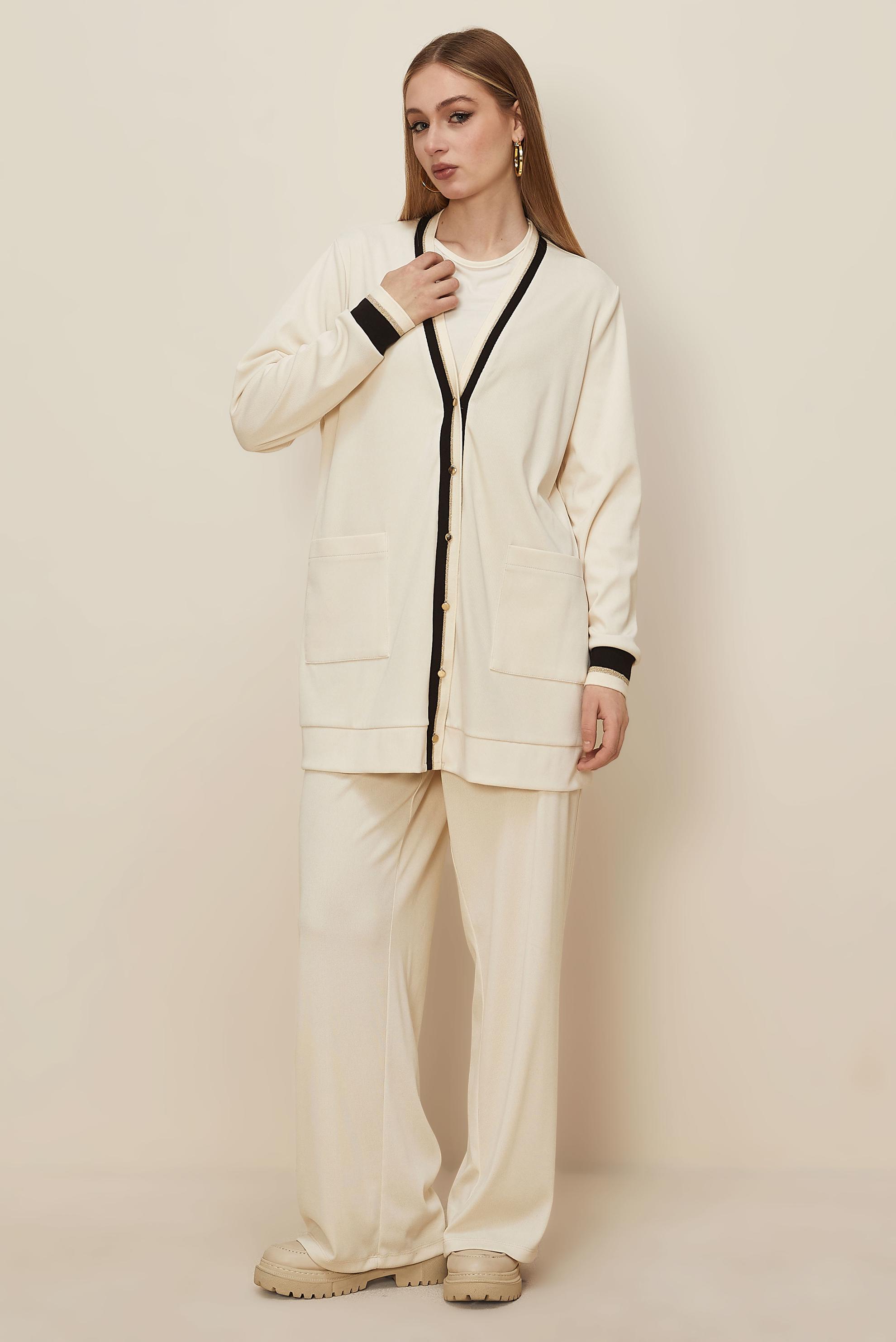 Tesettür giyim BEYAZ PANTOLONLU V YAKA TAKIM 46186