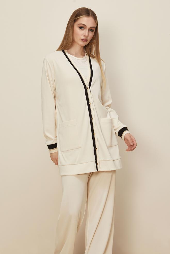 Tesettür giyim BEYAZ PANTOLONLU V YAKA TAKIM 46186 - ALVİNA