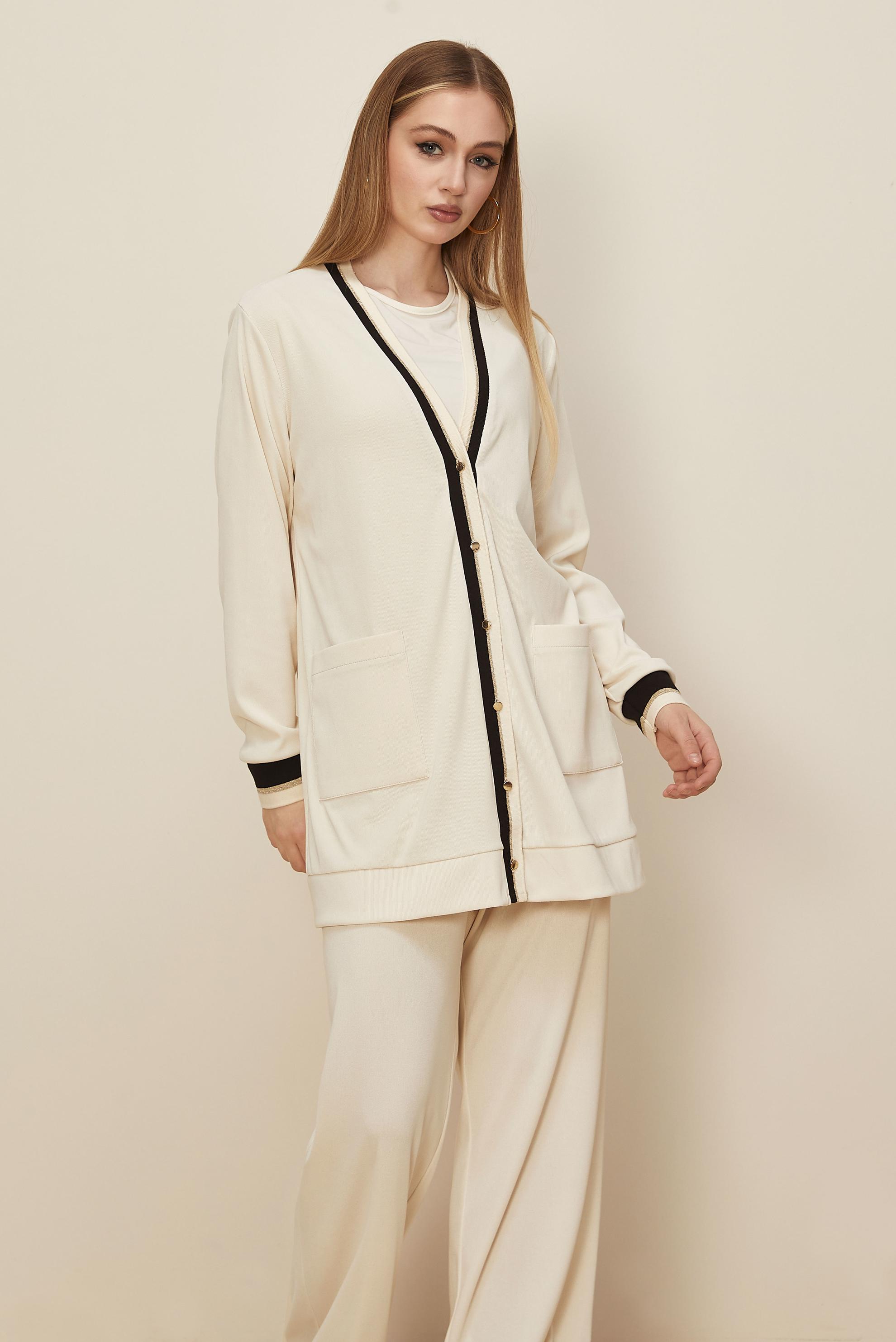 Tesettür giyim BEYAZ PANTOLONLU V YAKA TAKIM 46186