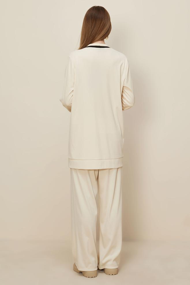 Tesettür giyim BEYAZ PANTOLONLU V YAKA TAKIM 46186 - ALVİNA