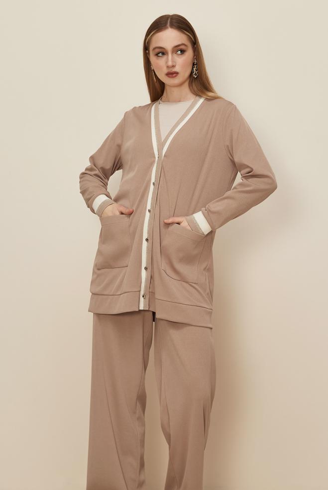 Tesettür giyim KUM PANTOLONLU V YAKA TAKIM 46186 - ALVİNA