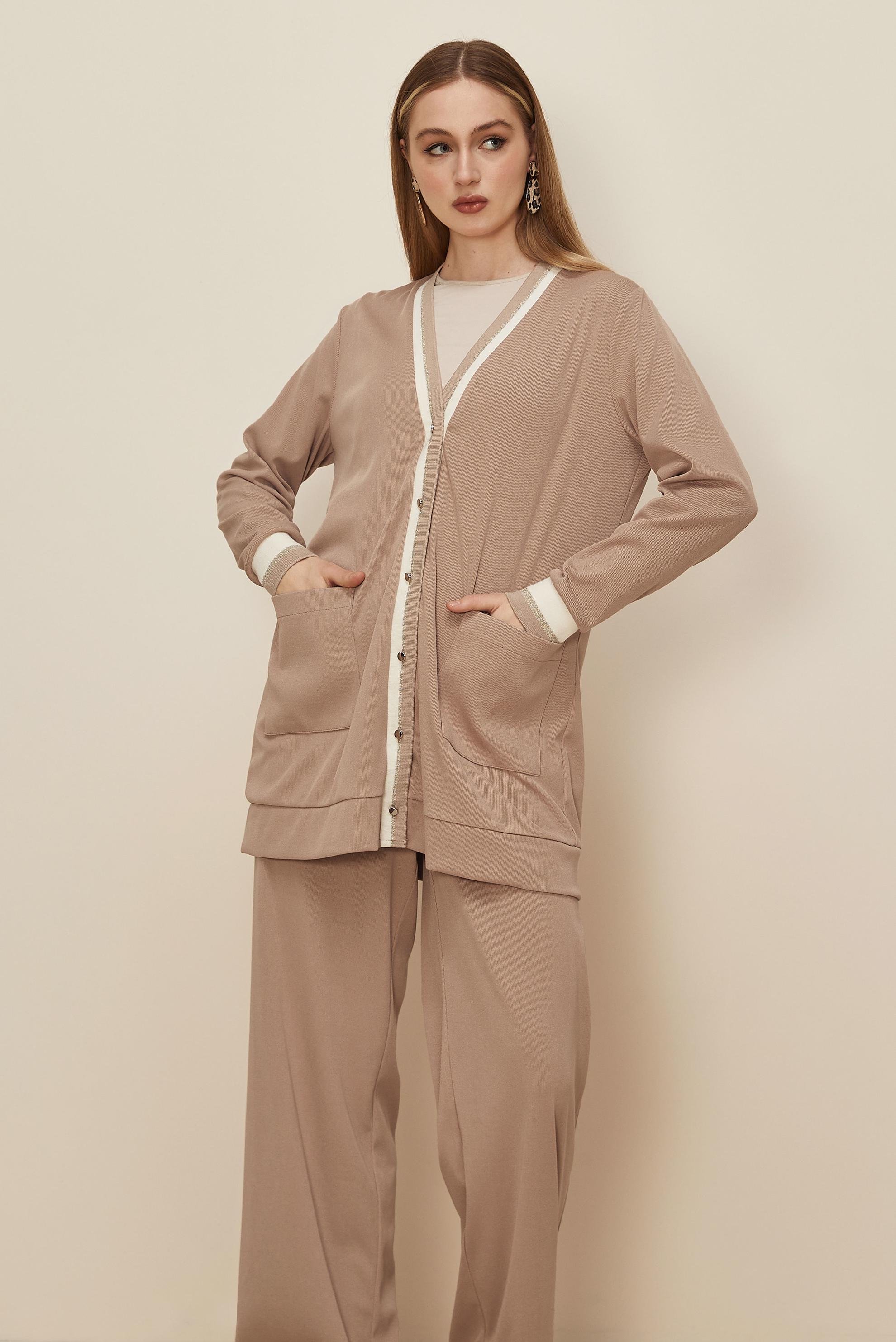 Tesettür giyim KUM PANTOLONLU V YAKA TAKIM 46186