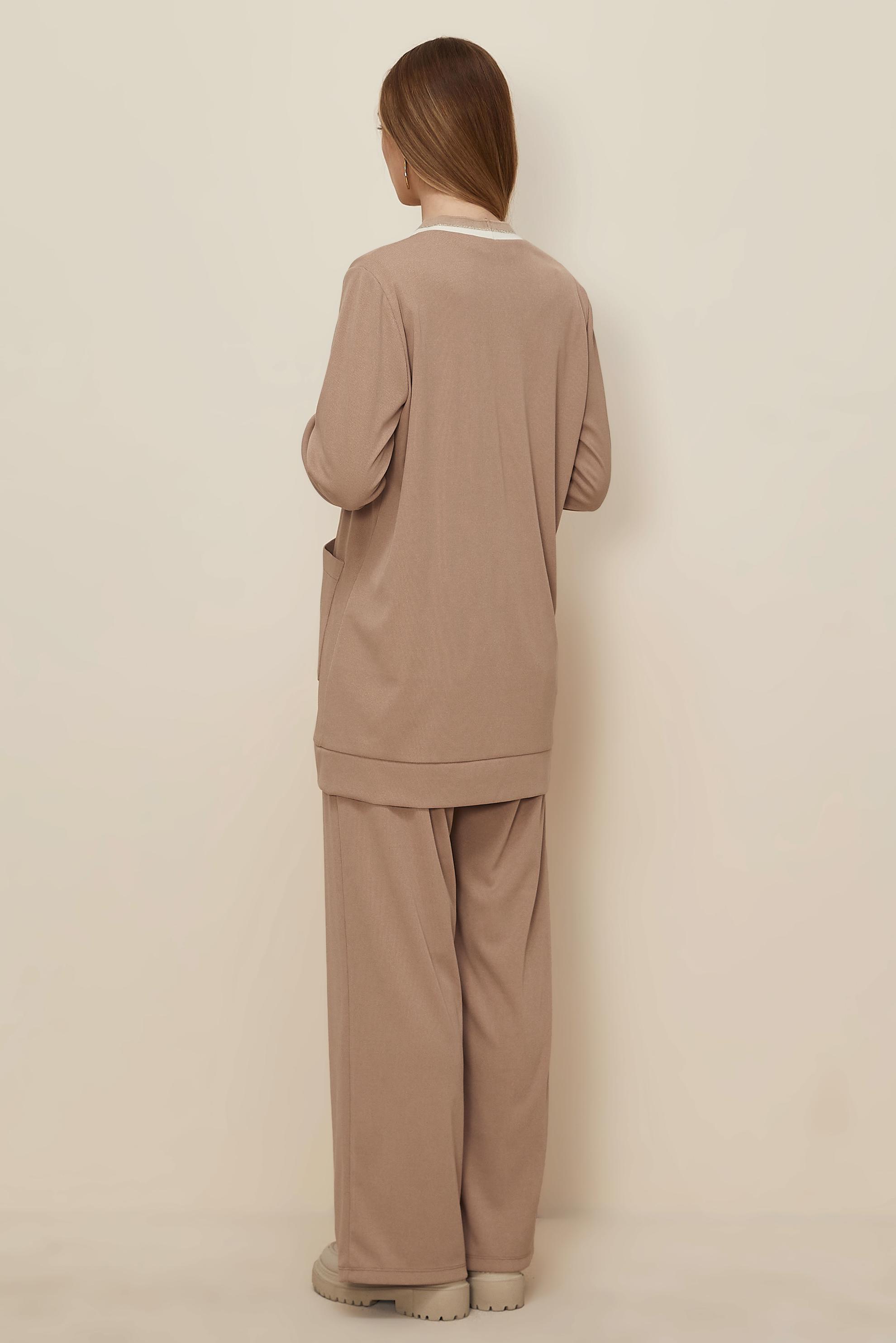 Tesettür giyim KUM PANTOLONLU V YAKA TAKIM 46186