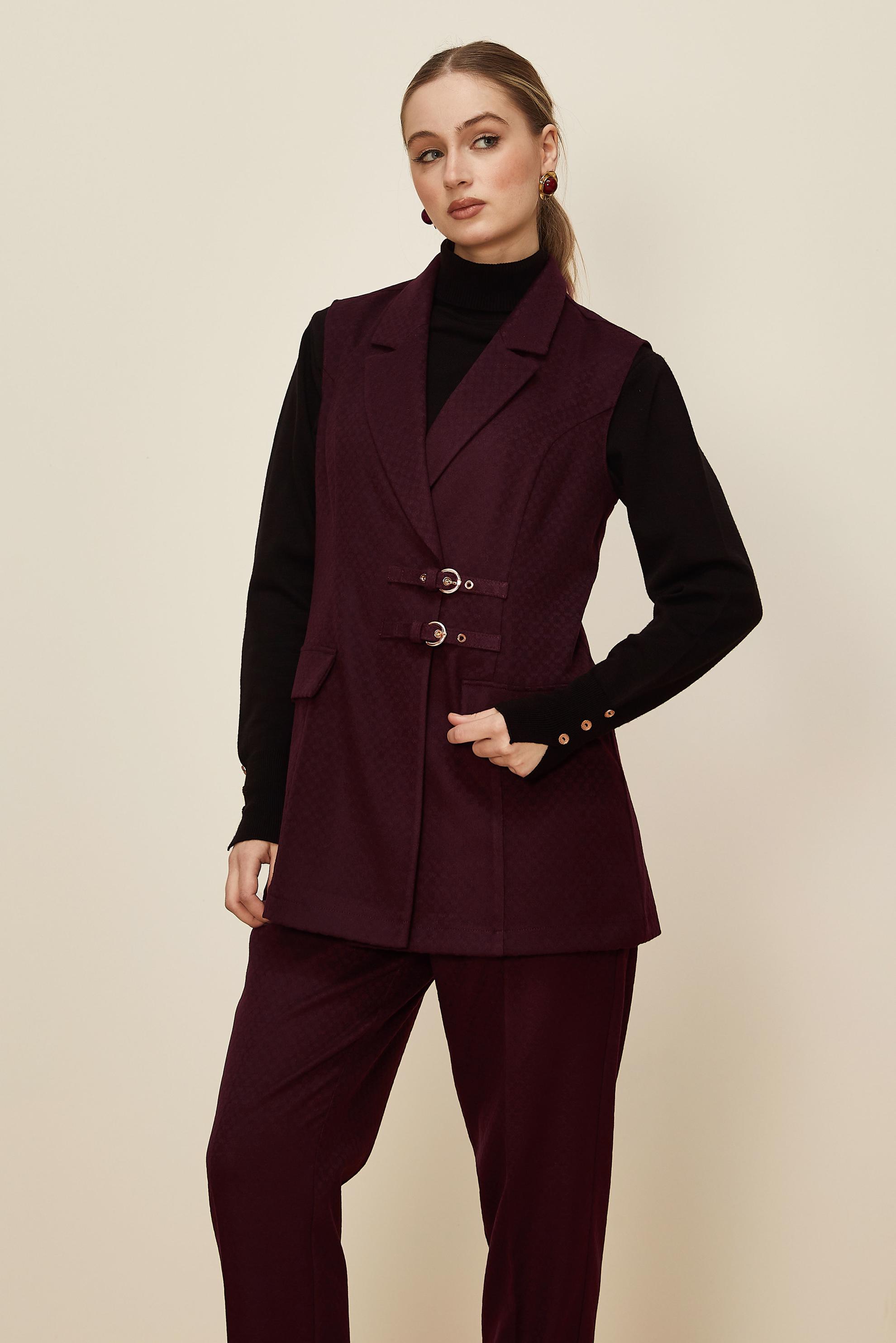 Tesettür giyim MÜRDÜM KRUVAZE YAKA PANTOLONLU TAKIM 46205