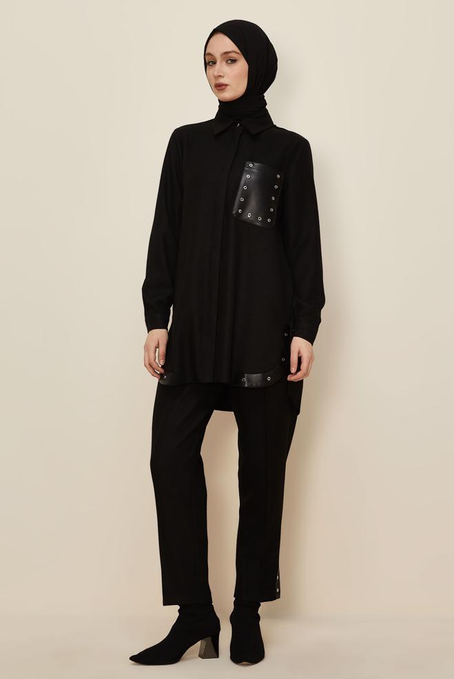 Tesettür giyim SİYAH KUŞGÖZÜ DETAYLI PANTOLONLU TAKIM 46206 - ALVİNA