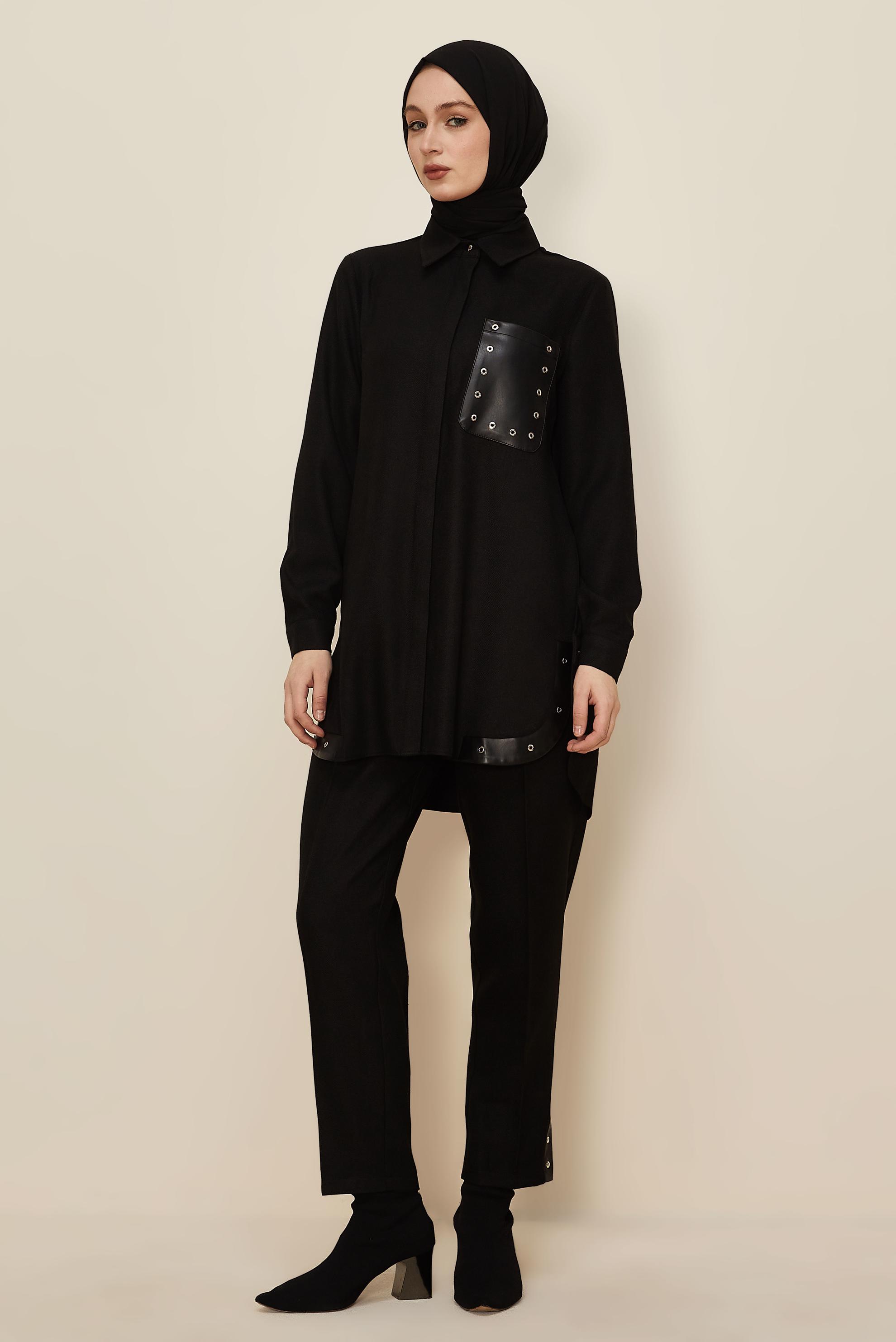 Tesettür giyim SİYAH KUŞGÖZÜ DETAYLI PANTOLONLU TAKIM 46206