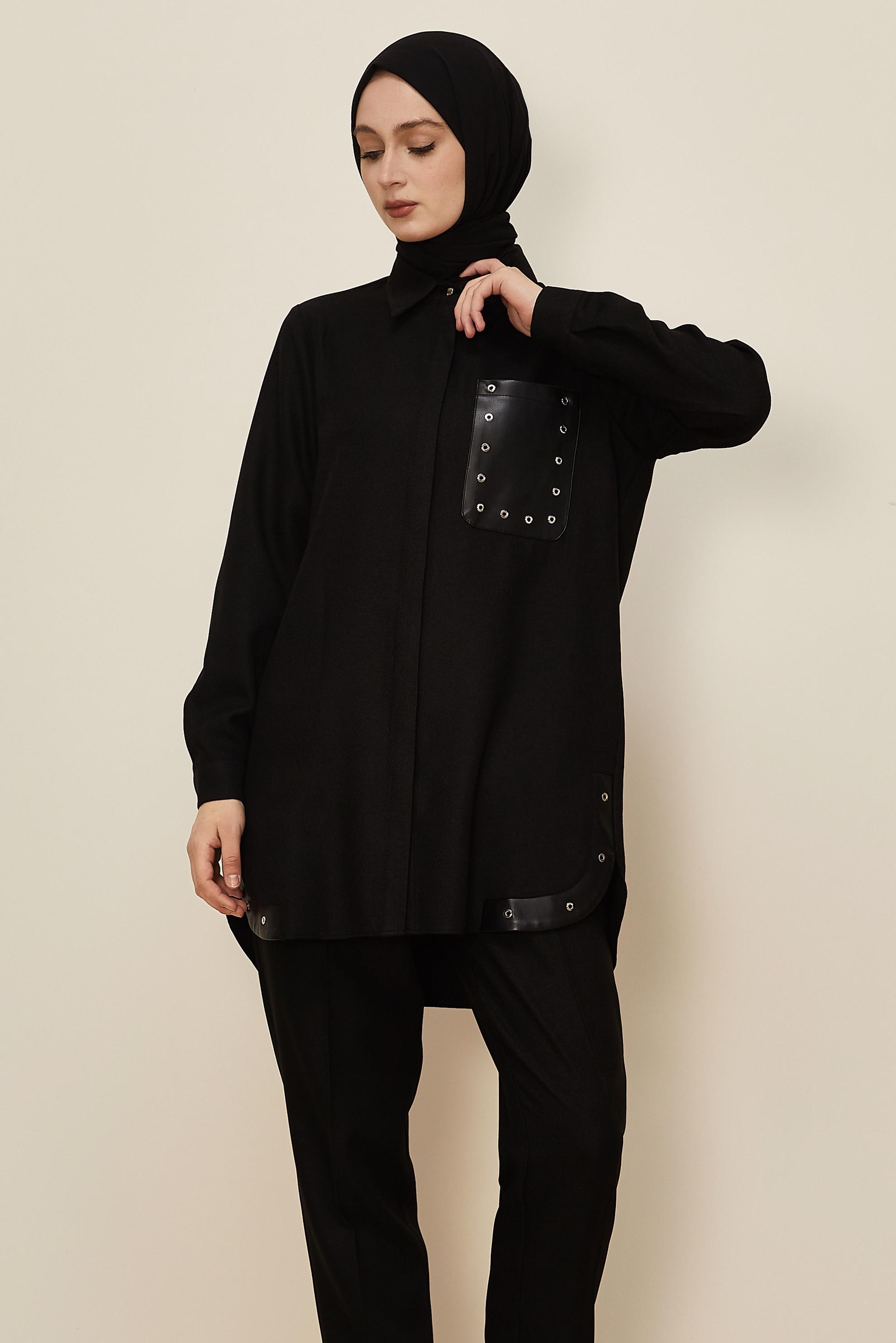 Tesettür giyim SİYAH KUŞGÖZÜ DETAYLI PANTOLONLU TAKIM 46206