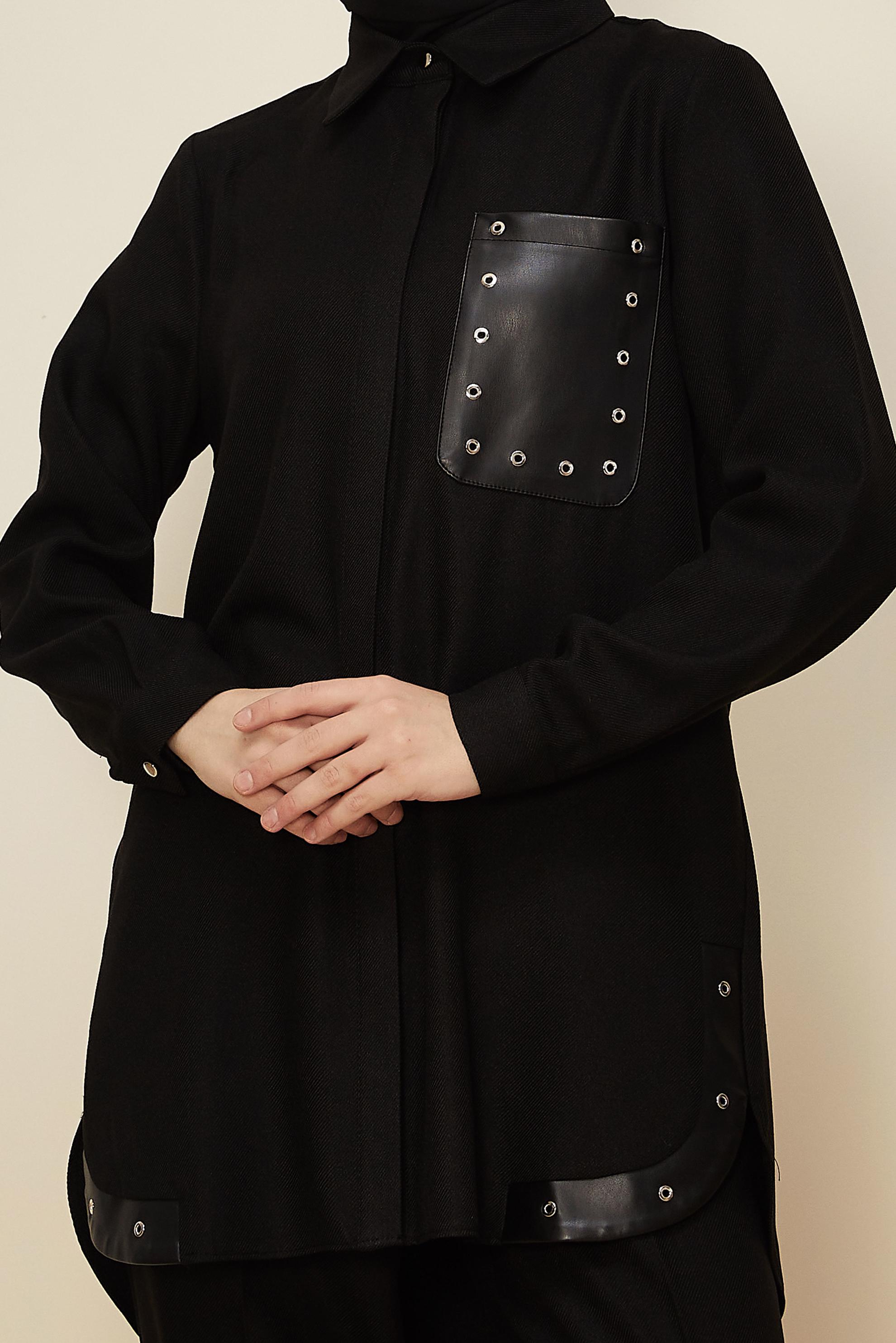 Tesettür giyim SİYAH KUŞGÖZÜ DETAYLI PANTOLONLU TAKIM 46206